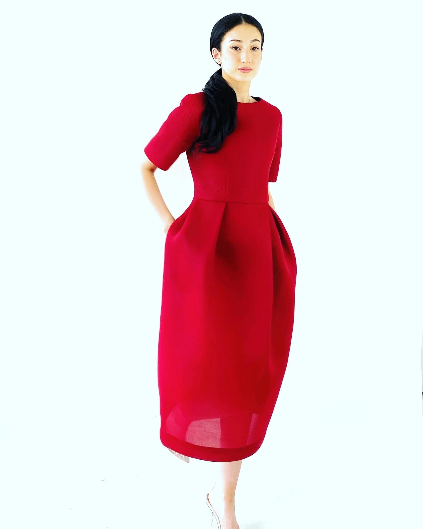 Red cocktail  dress.Tulip style red dress in neoprene