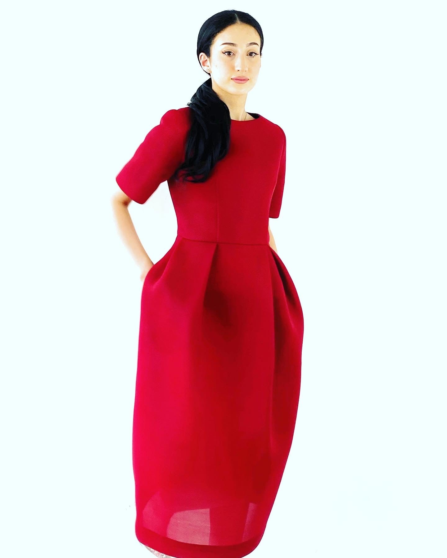 Red cocktail  dress.Tulip style red dress in neoprene