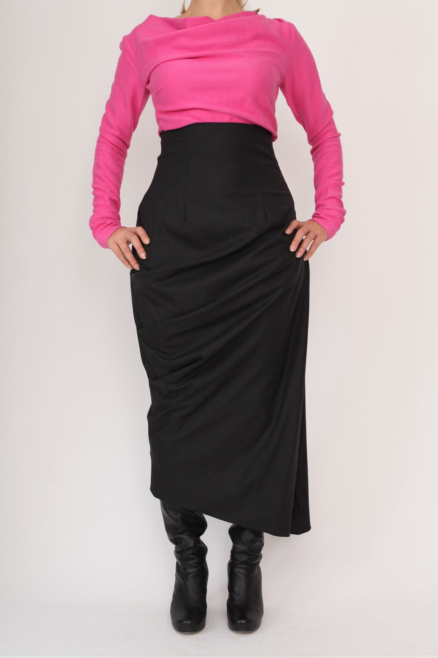 Asymmetric  style suiting  wool skirt in dark gray , High waist skirt ,