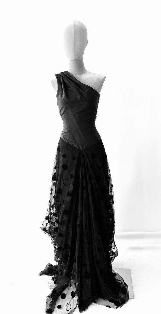 One shoulder  Silk & Netting long Dress.Haloween Dress