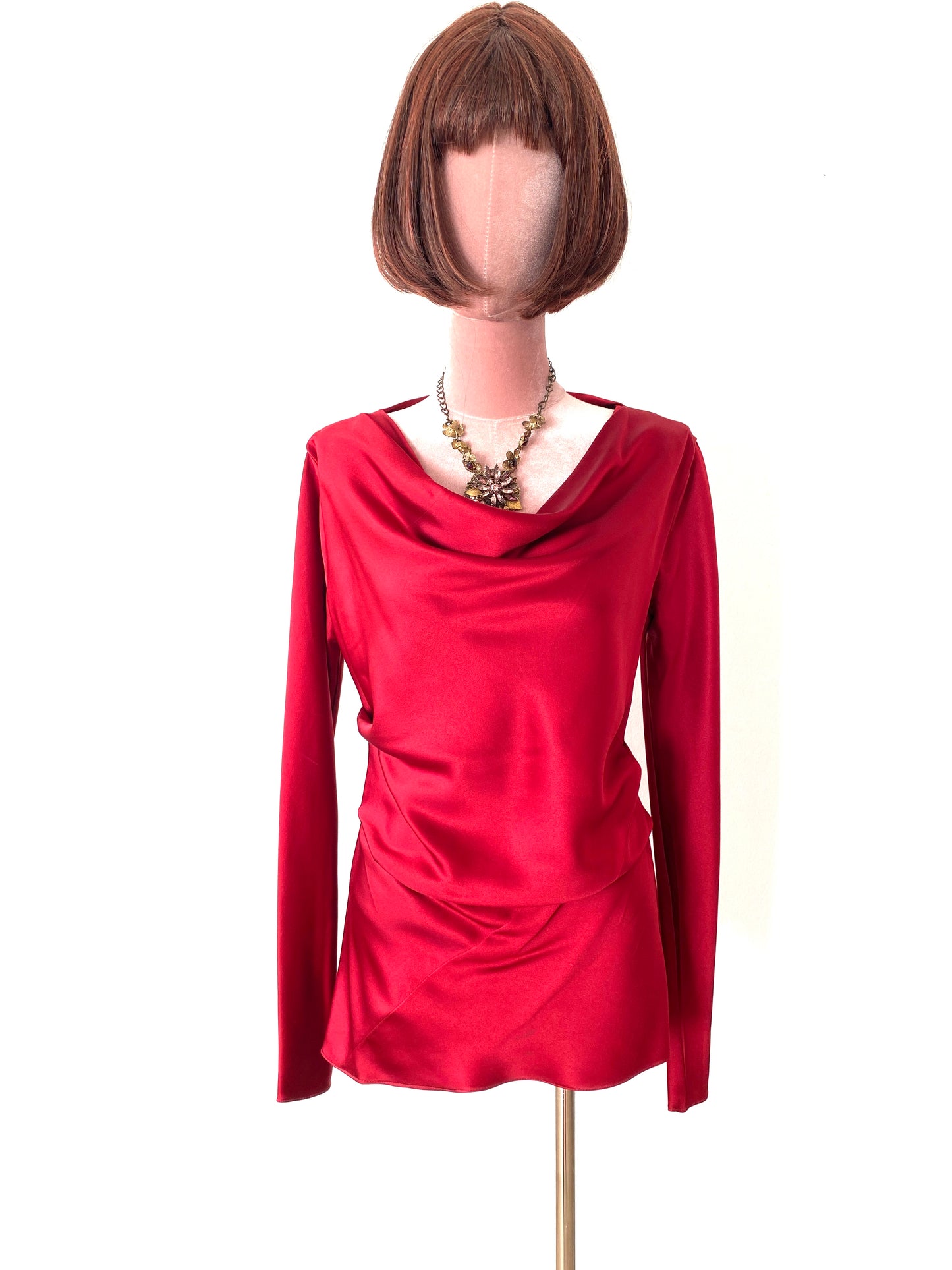 Silk Double crape satin Blouse <Party Blouse , Red blouse , Drape neckline blouse