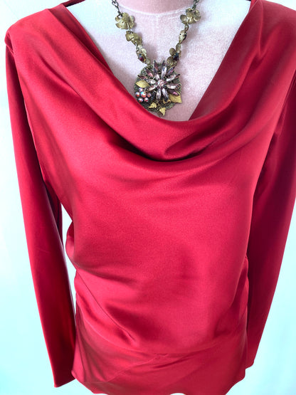 Silk Double crape satin Blouse <Party Blouse , Red blouse , Drape neckline blouse
