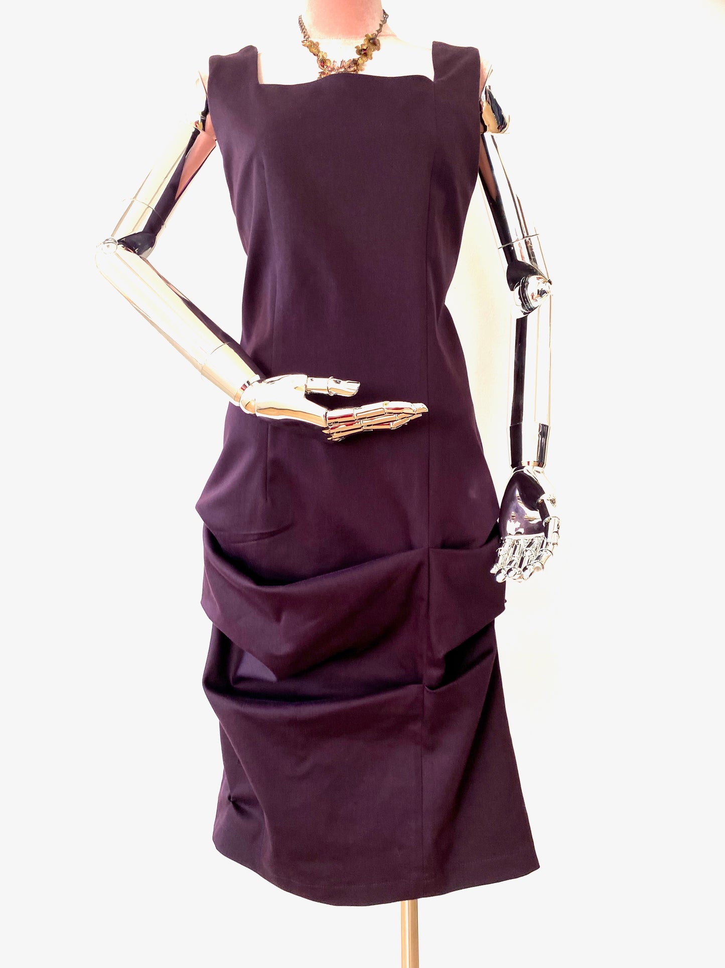 Day,Work Dress in Aubergine Strech Cotton,Dress with my signature  pleats.