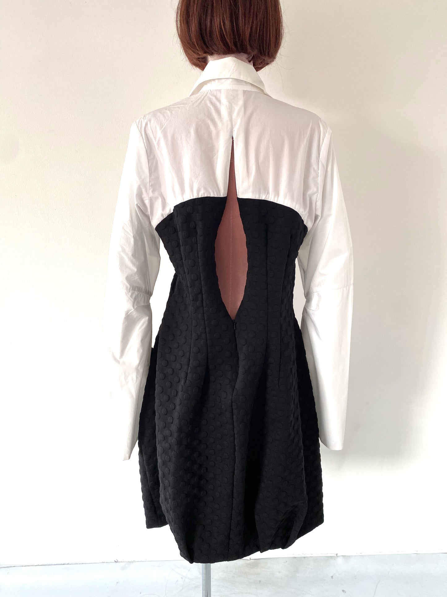 Black dress in Fashion fabric , Dress with pockets ,& shirting details &Long sleaves
