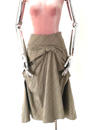 Flamenco style skirt in Check Microfibres  Fabric ,Khaki check flare Skirt,Skirt with Pocket.