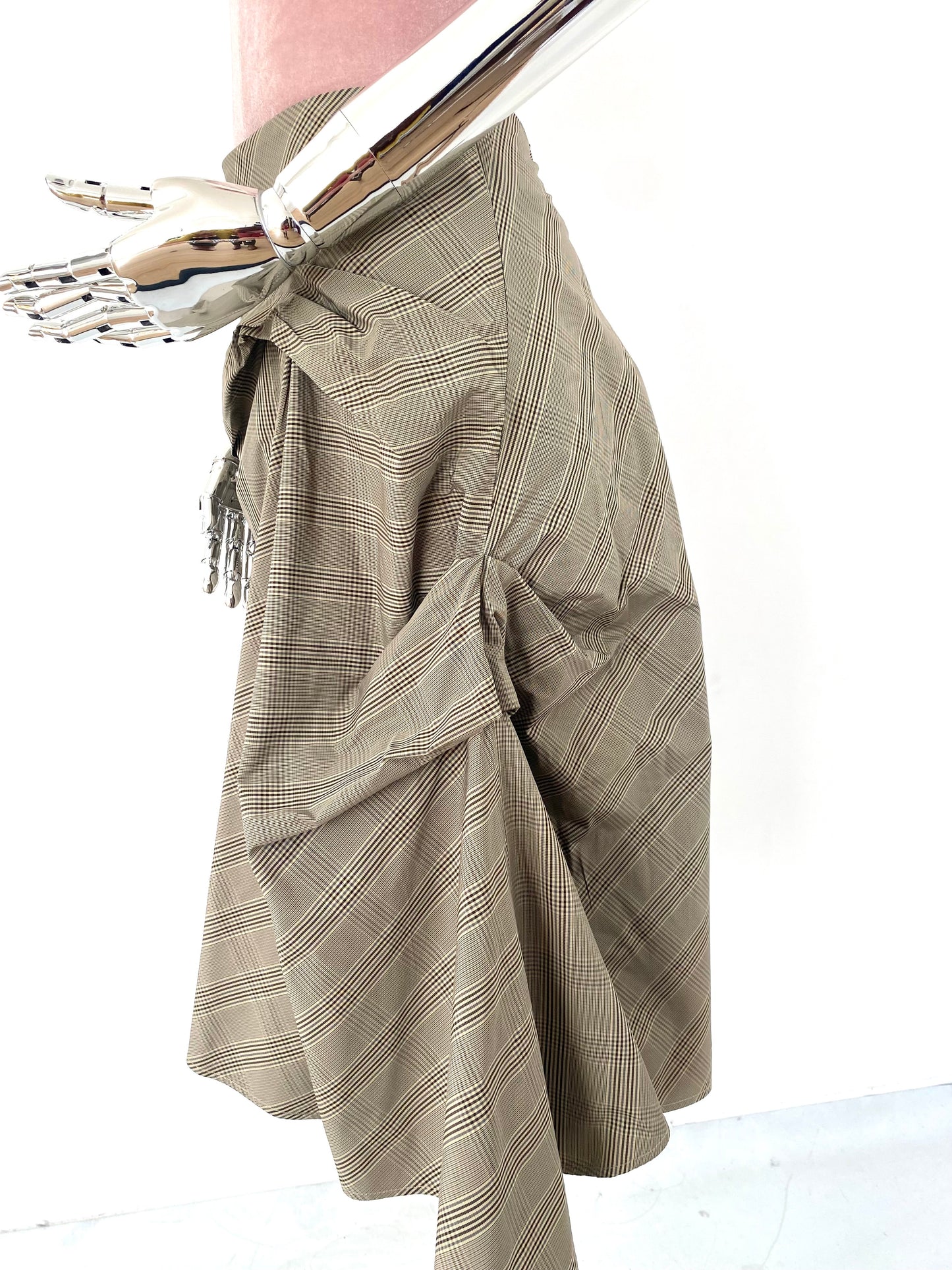 Flamenco style skirt in Check Microfibres  Fabric ,Khaki check flare Skirt,Skirt with Pocket.
